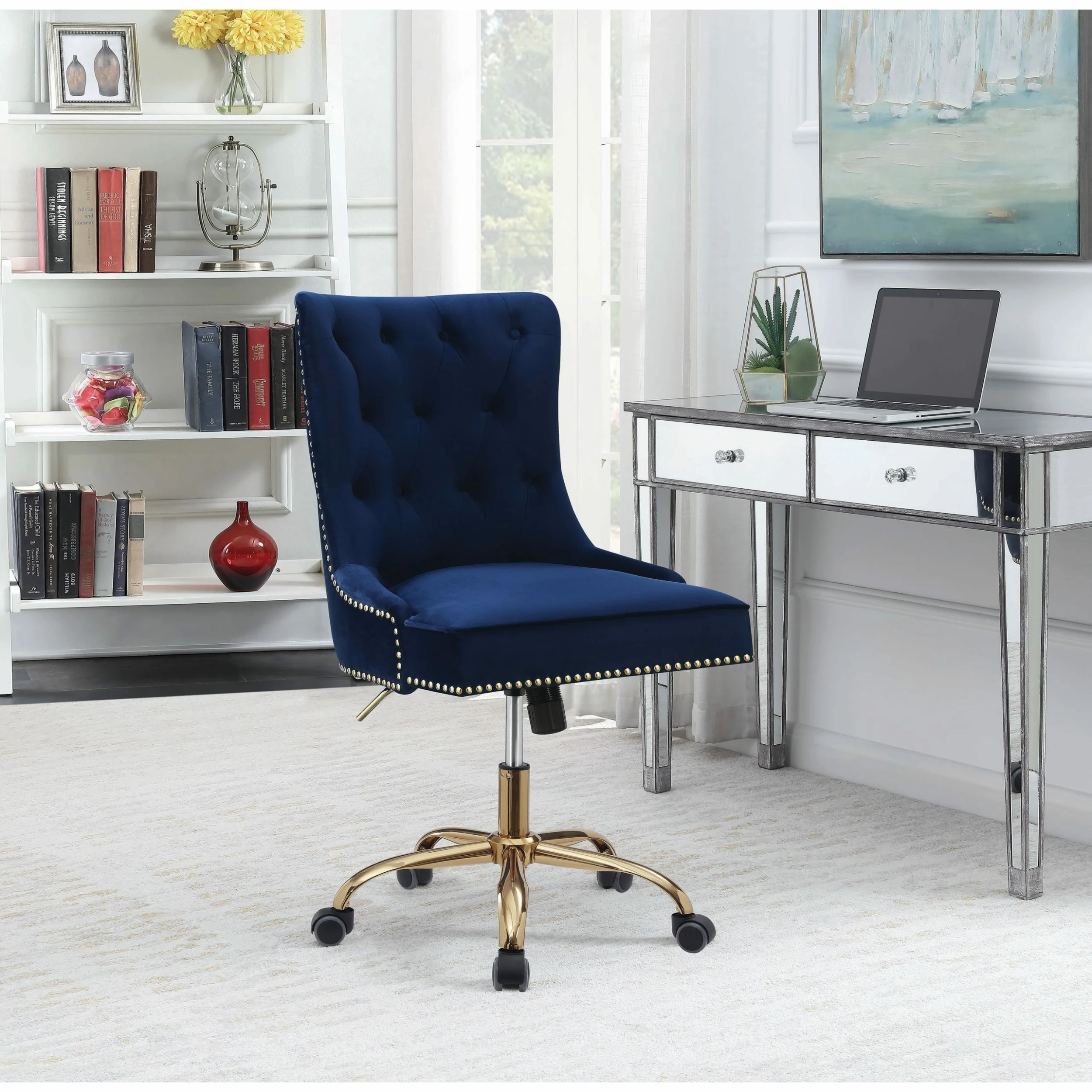 Outlet โญ Coaster Blue And Brass Upholstered Swivel Office Chair โ๏ธ