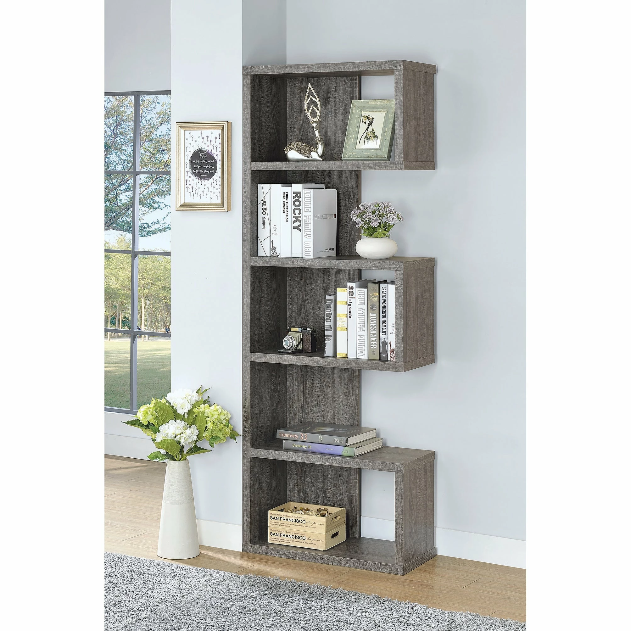 Coupon ๐ Coaster Contemporary Weathered Grey 5-shelf Bookcase ๐ฅ - Image 2