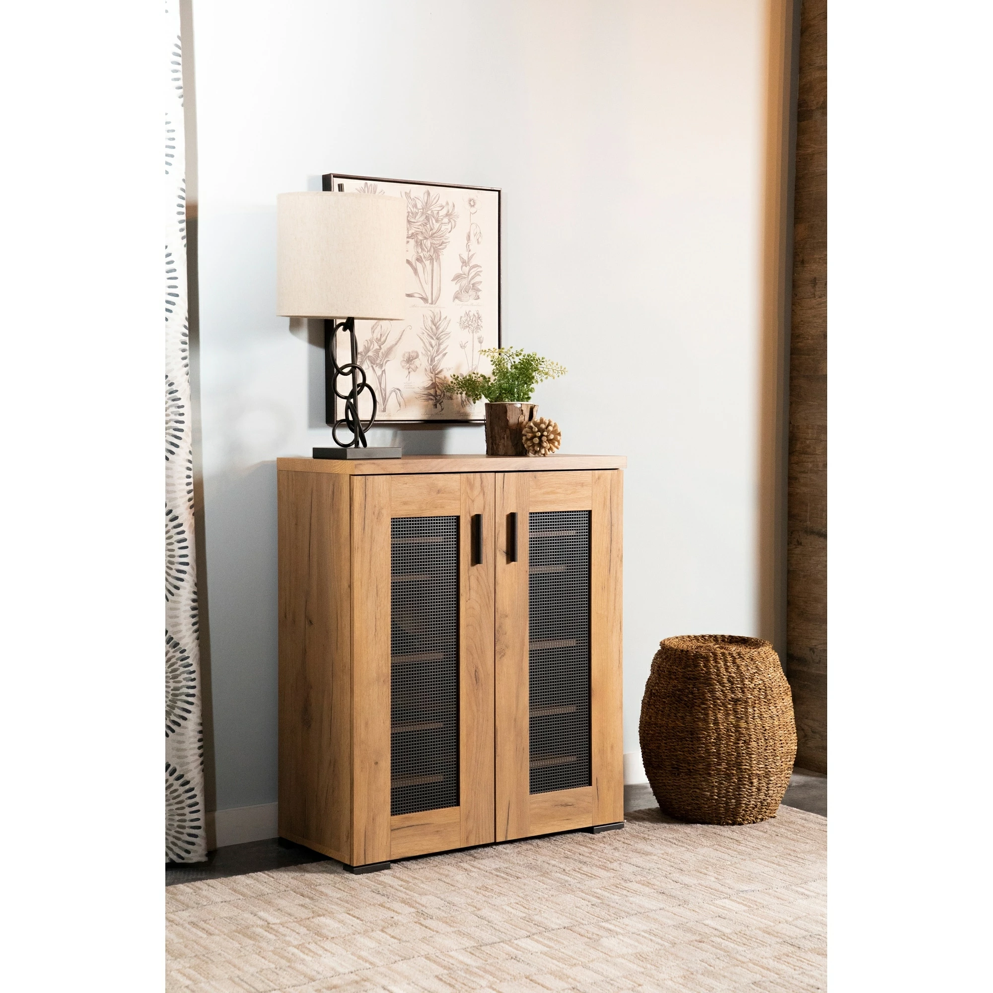 Best deal ✔️ Coaster Golden Oak Metal Mesh Door Accent Cabinet 🔥