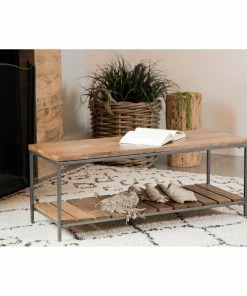 Best Sale ❤️ Coaster Natural And Gunmetal Accent Bench With Slat Shelf ⌛