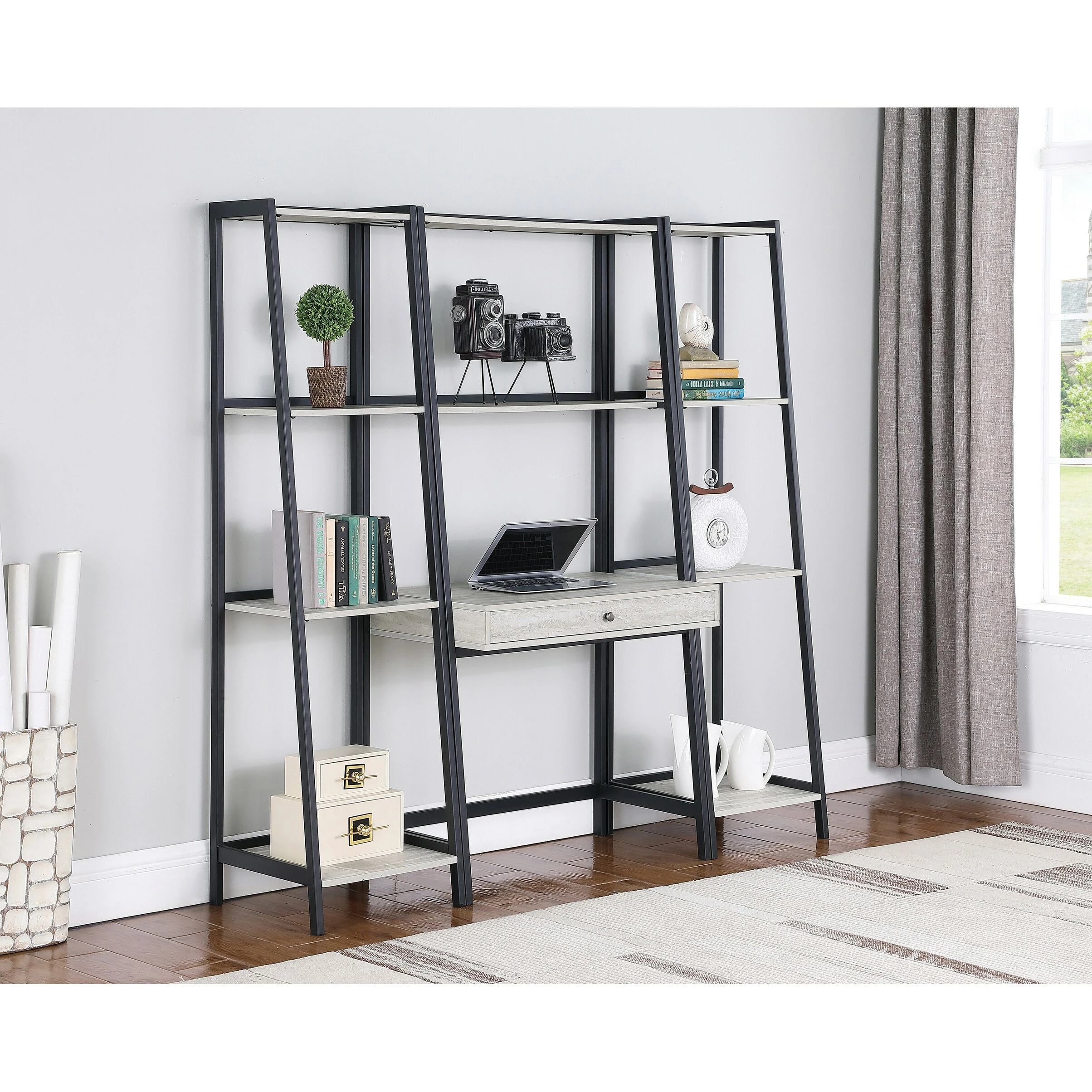 New 👍 Coaster Pinckard Grey Stone Herringbone And Black 4-shelf Ladder Bookcase 🎉 - Image 3