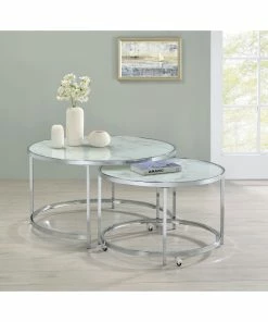 Discount 👏 Coaster White And Chrome 2-piece Round Nesting Table ❤️