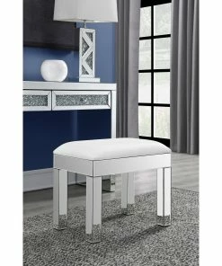 Discount 👏 Coaster White And Mirror Rectangular Upholstered Vanity Stool 💯
