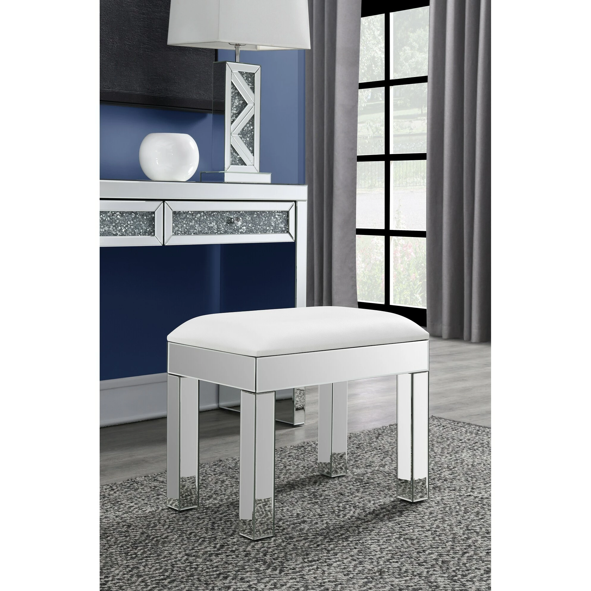 Discount 👏 Coaster White And Mirror Rectangular Upholstered Vanity Stool 💯